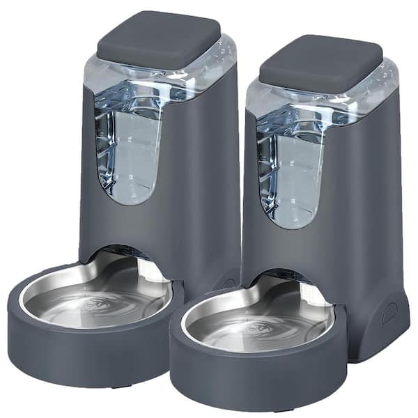 Oyezvary Automatic Food Feeder and Water Dispenser with Stainless Steel Bowl for Small Medium Pets 1-Gallon x 2