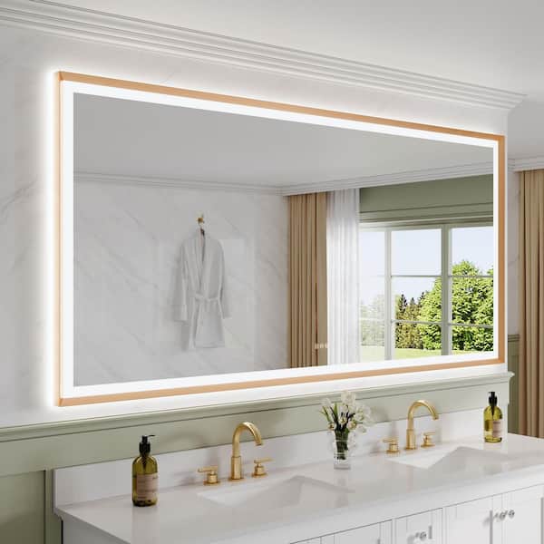 84 in. W x 40 in. H Rectangular Framed Wall LED Bathroom Vanity Mirror in Brushed Gold, Dimmable, Backlit and Frontlit