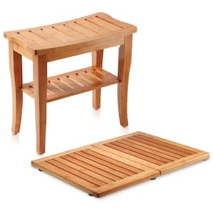 Bamboo Shower Seat Bench with Bathroom Floor Mat for Indoor and Outdoor Decor