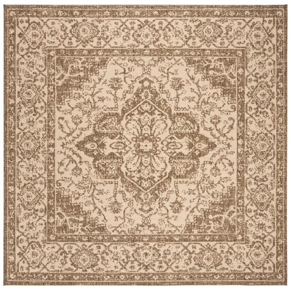Linden Cream/Beige 4 ft. x 4 ft. Border Antique Medallion Indoor/Outdoor Square Area Rug