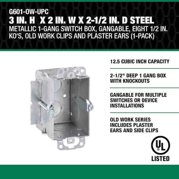 3 in. H x 2 in. W x 2-1/2 in. D Steel Metallic 1-Gang Switch Box Eight 1/2  in. KO Old Work Clip and Plaster Ear 1-Pack