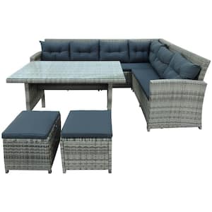 6-Pieces Rattan Wicker Outdoor Patio Conversation Set with Gray Cushion Sectional Sofa with Glass Table Ottomans