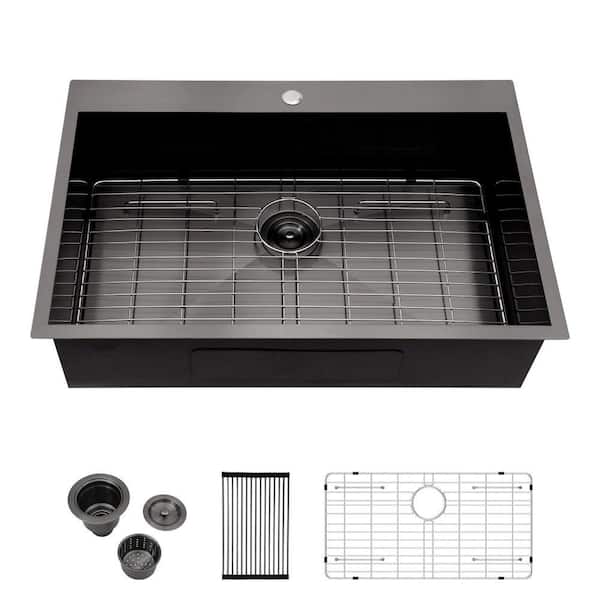 28 in. Gunmetal Black Drop in Sink Single Bowl 18-Gauge Stainless Steel 9 in. Deep Kitchen Sink with Bottom Grid