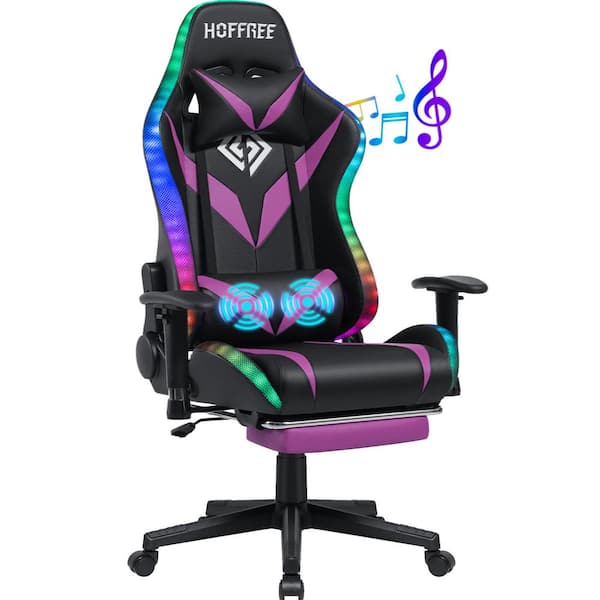 Hoffree Faux Leather Massage LED Reclining Ergonomic Gaming Chair in Purple with Bluetooth Speakers and Adjustable Armrest