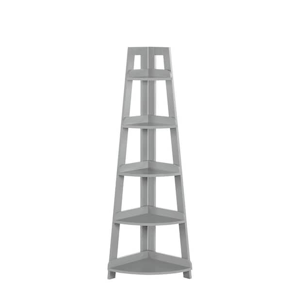 54 in. Tall Gray MDF 5-Tier Corner Ladder Playroom Display Bookshelf Organizer