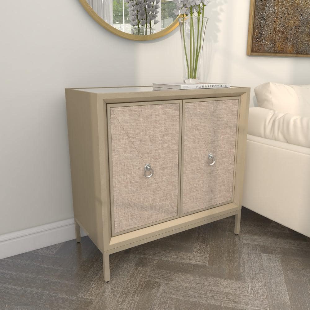 Beige Mirrored Fir Wood Upholstered Accent Cabinet
