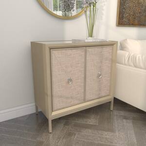 Beige Wood Upholstered Front Panel 1 Shelf and 2 Doors Cabinet with Mirrored Top and Ring Handles