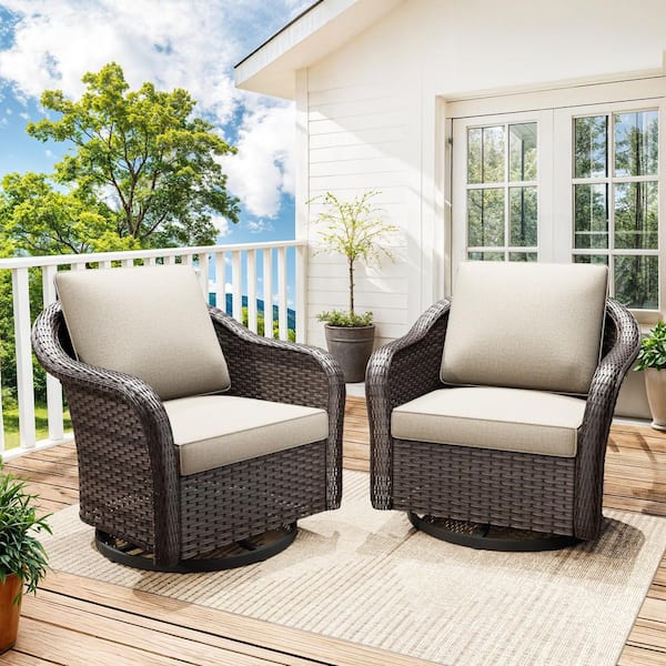 Deep Brown Swivel Wicker Outdoor Lounge Chair with Beige Cushions (2-Pack)