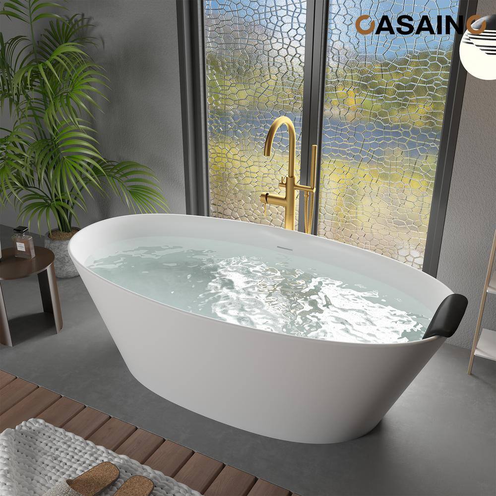 67" Matte White Freestanding Solid Surface Resin Bathtub with Black Pillow