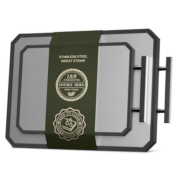 Double Sided Stainless Steel and Plastic Cutting Board Set 16 x 11 in. + 12 x 8.3 in. Rectangular with Juice Groove