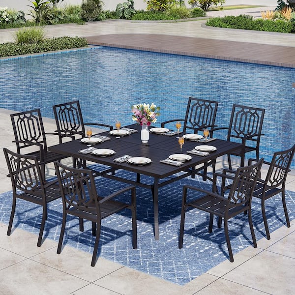 PHI VILLA Black 9-Piece Metal Outdoor Patio Dining Set with Slat Square Table and Fashion Stackable Chairs