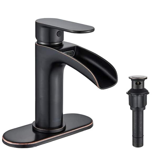 FORIOUS Waterfall Single Hole Single Handle Bathroom Faucet with Metal Pop-Up Drain, Bathroom Sink Faucet in Oil Rubbed Bronze