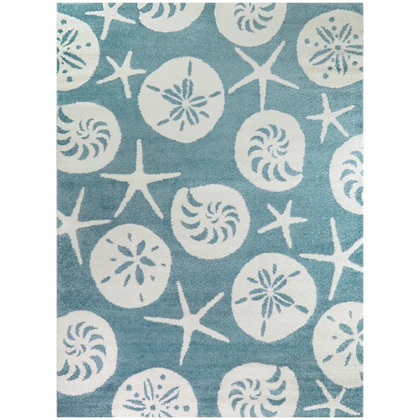 Stafford Light Blue 5 ft. x 7 ft. Nautilus Medallion Coastal Area Rug