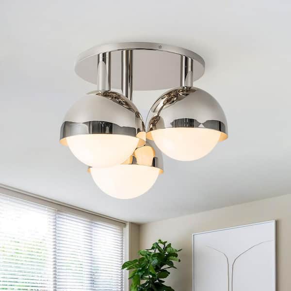 Y'INSP 18.7 in. 3-Light Polished Nickel Mid-Century Semi-Flush Mount with Milky Frosted Glass Shade and No Bulbs Included