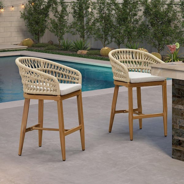 Modern Aluminum Rattan Counter Height Outdoor Bar Stool with Back and Beige Cushion (2-Pack)