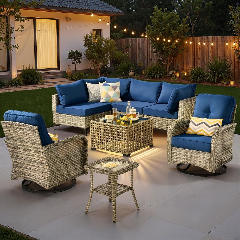 Melly Gray 8-Piece Wicker Patio Conversation Set with Navy Blue Cushions and Swivel Chairs price history on PriceWatchPro