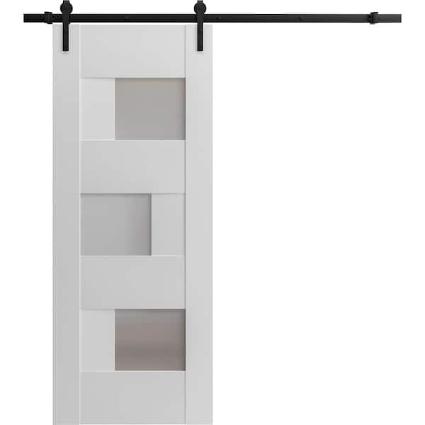 36 in. x 84 in. 1 Panel Frosted Glass White Solid MDF Sliding Barn Door with Hardware Kit