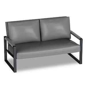 Mid-Century Style 47 in. Gray Faux Leather Upholstered 2-Seater Loveseat with Steel Frame