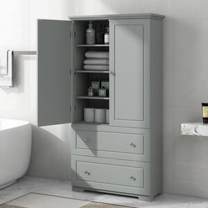 32.6 in. W x 13 in. D x 62.3 in. H Grey Tall Wide Linen Cabinet with 2-Drawers and Adjustable Shelf