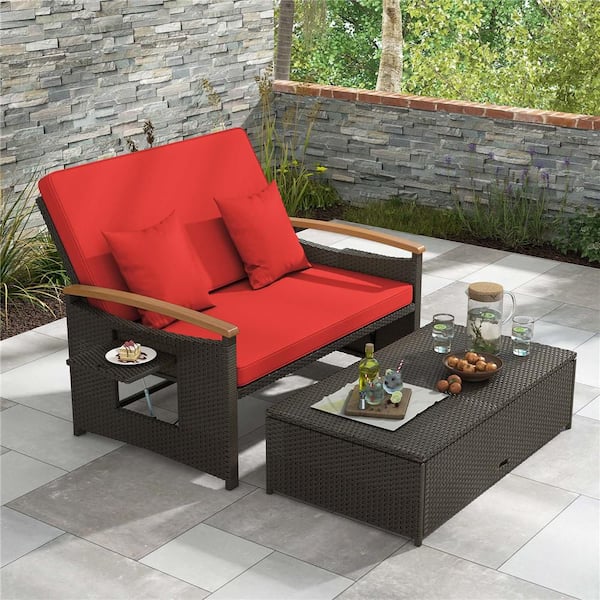 2-Piece Wicker Outdoor Day Bed Set with Cushioned Loveseat and Storage Ottoman for Porch with Red Cushions