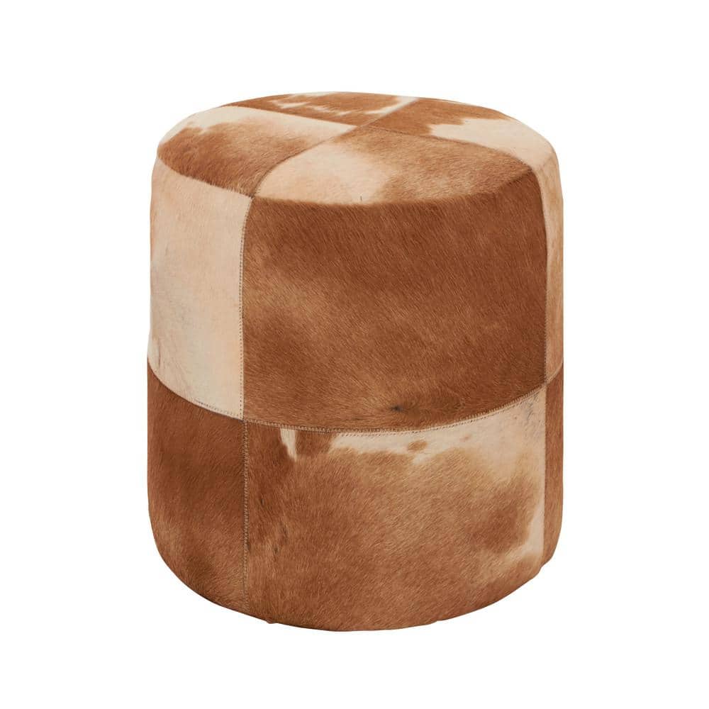 Handmade Patchwork Leather Cylinder Ottoman in Brown - 16" x 16" x 16"