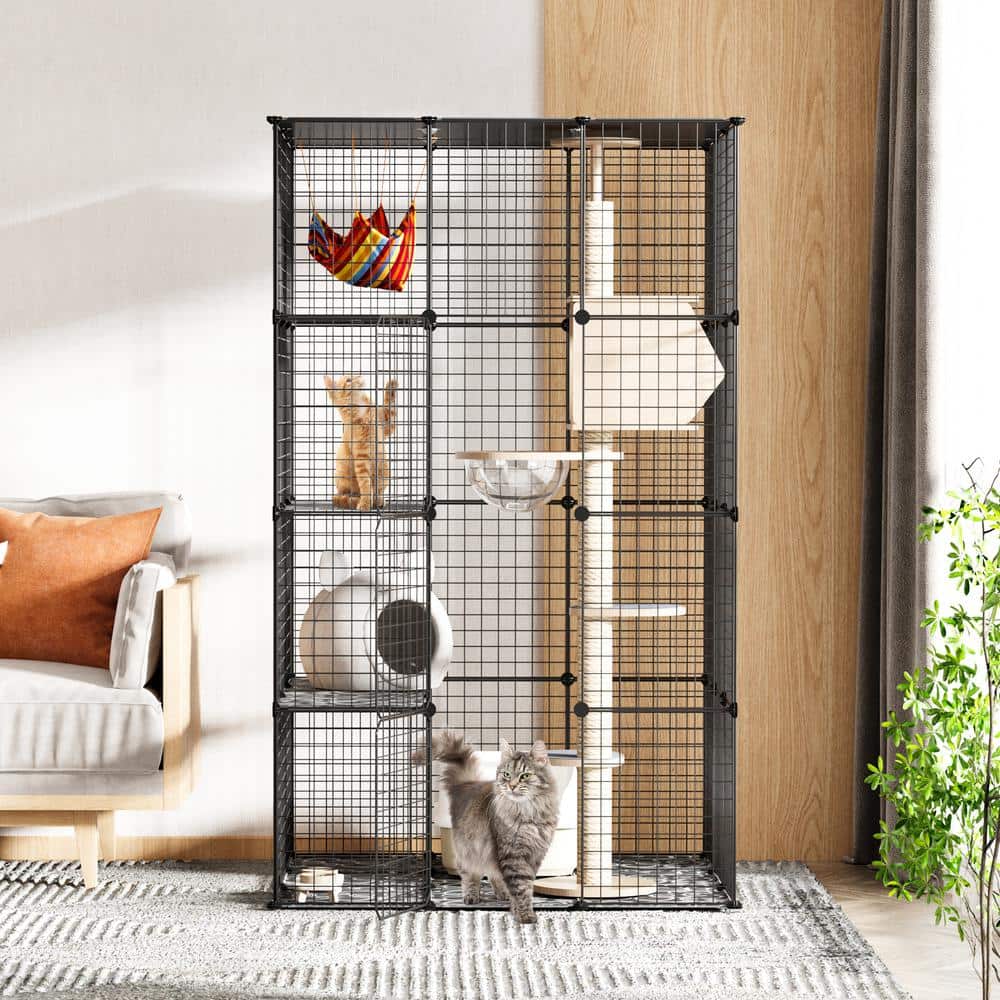 Extra Large Black Metal Cat Cage Playpen with Platforms