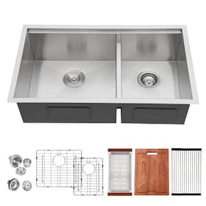 33 in. Undermount Double Bowl 16-Gauge Stainless Steel Workstation Kitchen Sink with Accessories and Low Divide