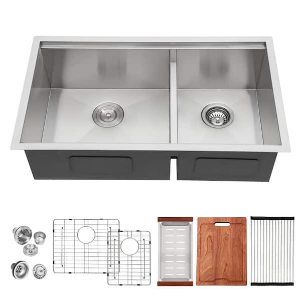 Logmey 33 in. Undermount Double Bowl 16-Gauge Stainless Steel Workstation Kitchen Sink with Accessories and Low Divide