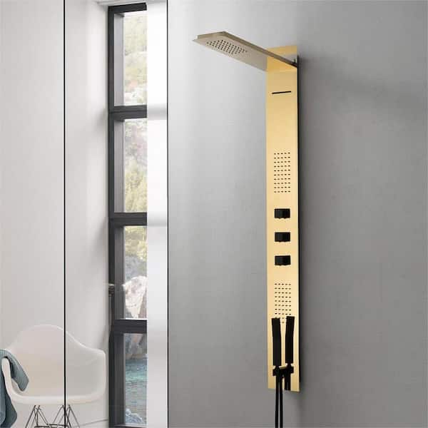 BWE 4-Jet Rainfall Shower Panel System with Rainfall Waterfall Shower Head and Shower Wand in Black Gold