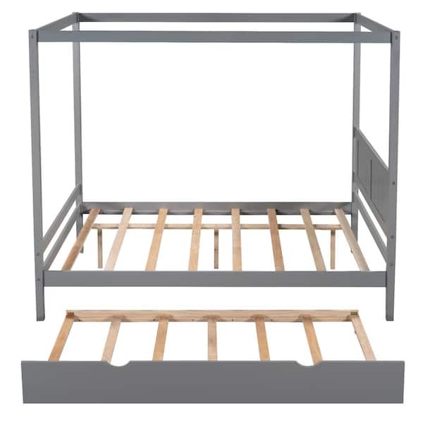 ATHMILE Full Size Canopy Platform Bed with Trundle, With Slat Support Leg, Gray