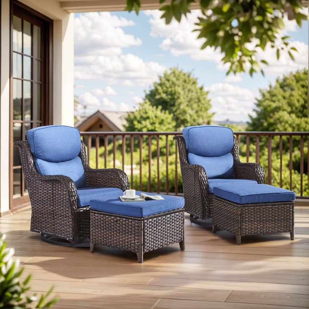Smiley 4-Piece Brown Wicker Outdoor Swivel Glider with 5 In. Thick Blue Cushions and Ottomans Patio Rocking Chair Set. price history on PriceWatchPro