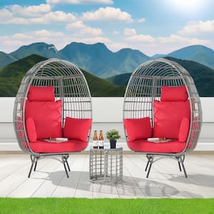 3-Piece Patio Wicker Swivel Outdoor Bistro Set with Side Table, Oversized Egg Chair with Red Cushions