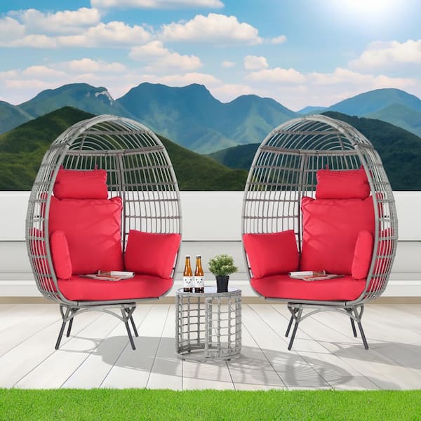 SANSTAR 3-Piece Patio Wicker Swivel Outdoor Bistro Set with Side Table, Oversized Egg Chair with Red Cushions