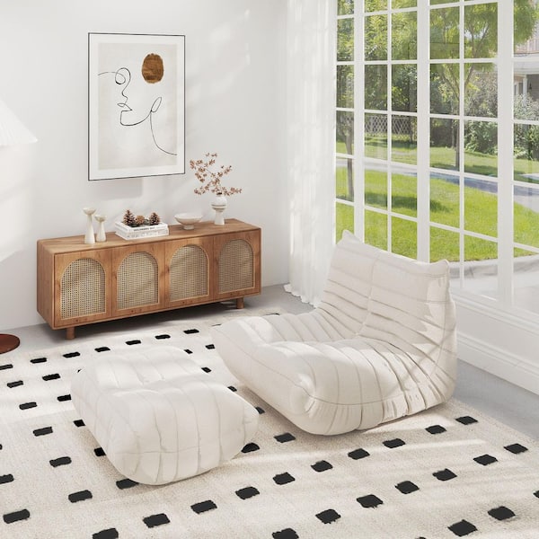 Magic Home Beige Teddy Velvet Polyester 34 in. Fireside Lazy Bean Bag Chair Rebound Sponge Lounge Floor Sofa with Ottoman