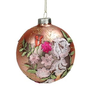 4 in. Pink Floral Applique Glass Ball Christmas Ornament