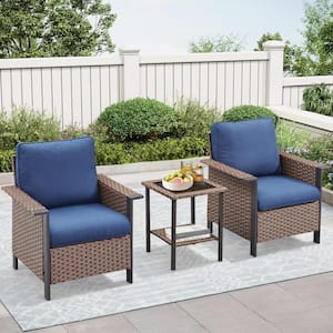 Nyajiah 3-Piece Wicker Patio Conversation Set with Blue Cushions