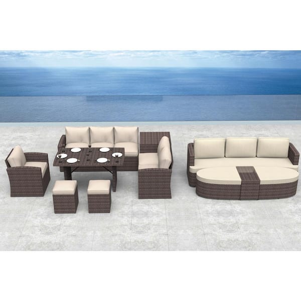 moda furnishings Daisy Smith 11-Piece Wicker Patio Conversation Set with Beige Cushions