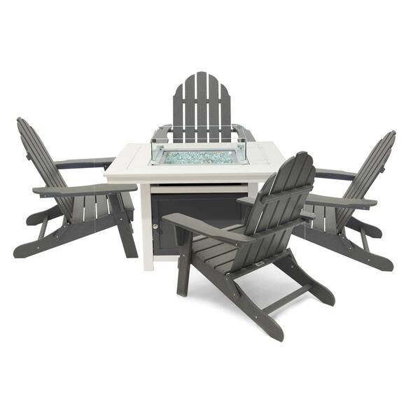 LuXeo Park City 42 in. 2-Tone White Square Top FirePit Table, 5-Piece Plastic Patio Conversation Set with Gray Balboa Chairs