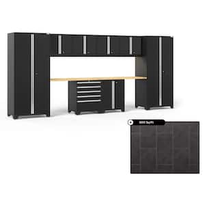 Pro Series 184 in. W x 84.75 in. H x 24 in. D Steel Cabinet Set in Black ( 10- Piece ) with 600 sqft Flooring Bundle