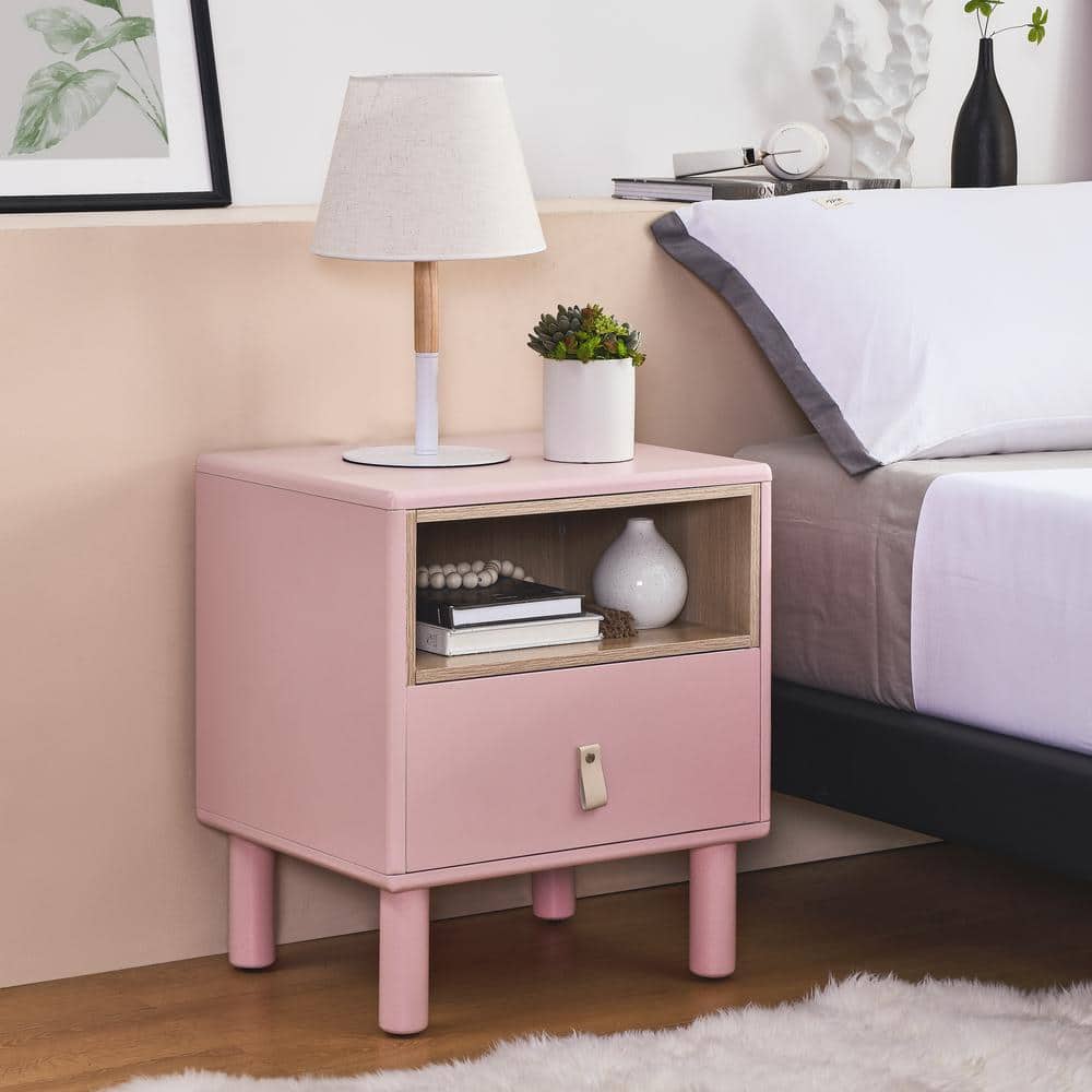 Modern Pink 1-Drawer 18.9 in. W Wood Nightstand Compact Side Table with Ope