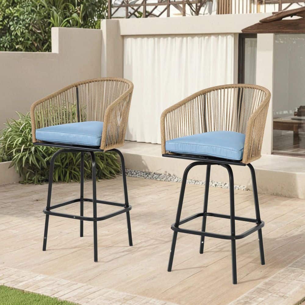 2Pcs Wicker Outdoor Bar Stool with Blue Cushion&Armrests,Bar Chair with Bac