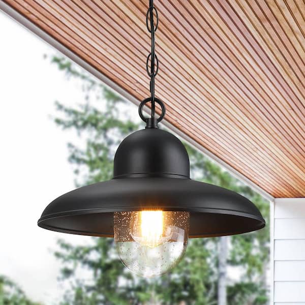 12 in. 1-Light Matte Black Outdoor Pendant Light Fixture with Round Clear Seeded Glass