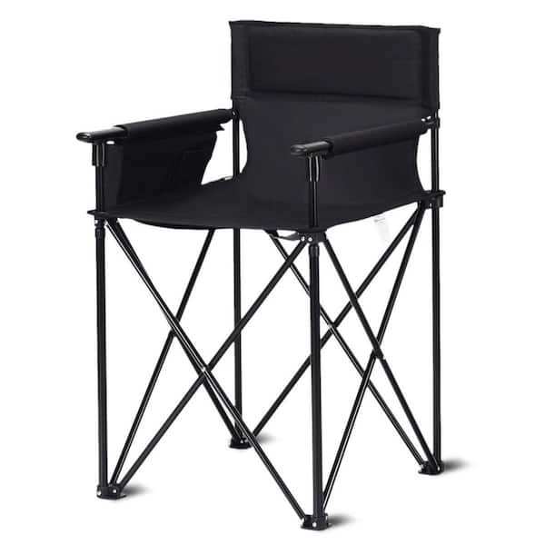 Black Portable 38 in. Oversized High Fishing Folding Outdoor Camping Chair with Detachable Armrests and Cup Holder