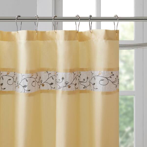 Belle Yellow 72 in. Faux Silk Embroidered Floral Shower Curtain