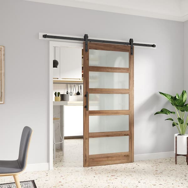 36 in. x 80 in. 5-Lite Frosted Glass Brown Finished Solid Wood MDF Assembly Required Sliding Barn Door with Hardware Kit