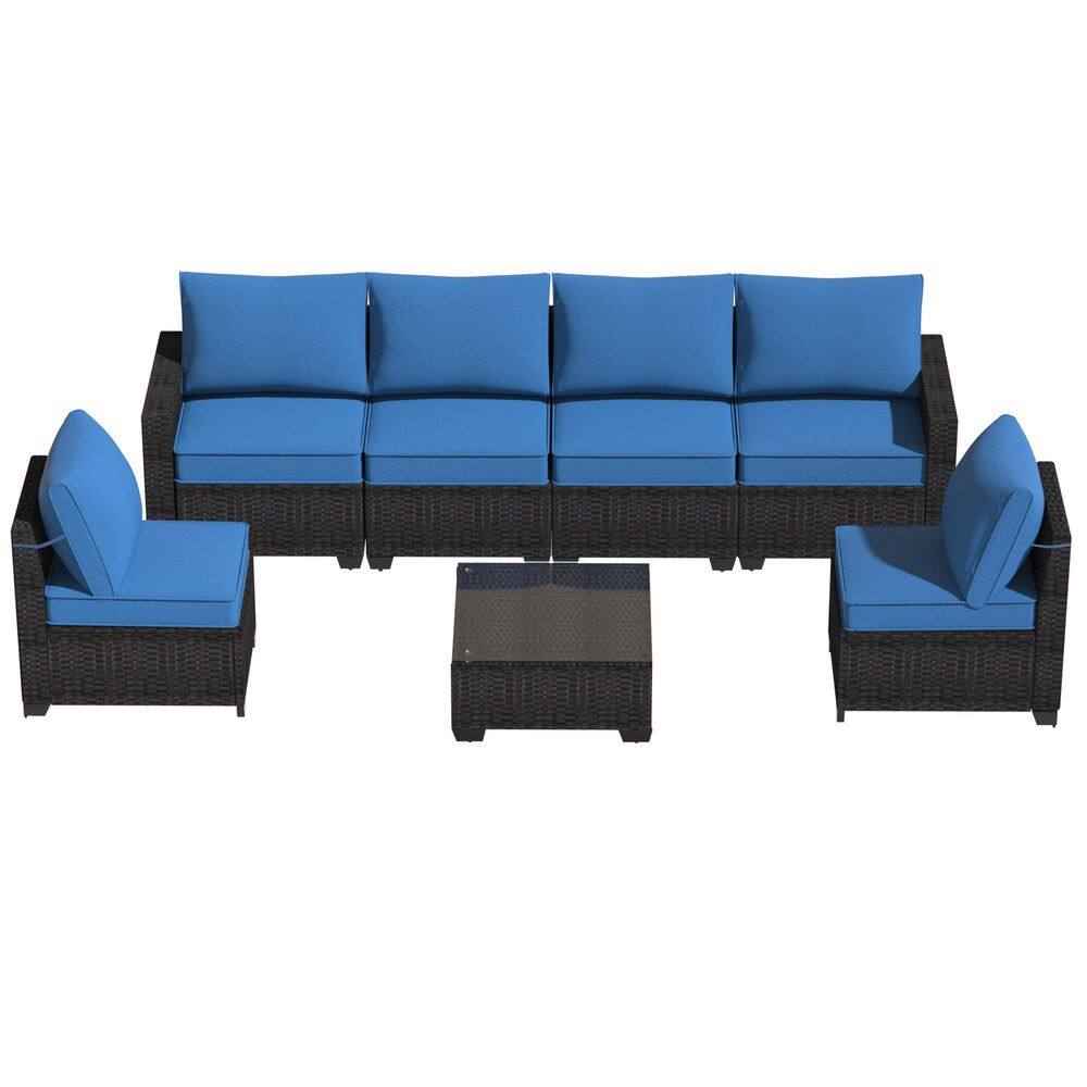 7-Piece Patio Furniture Set Slanted-Back Sofa Set Brown Wicker Patio Conversation Set with Glass Table and Blue Cushion price history on PriceWatchPro