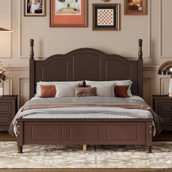 Harper & Bright Designs Dark Walnut (Dark Brown) Wood Frame Full Size Platform Bed with Retro Style Headboard