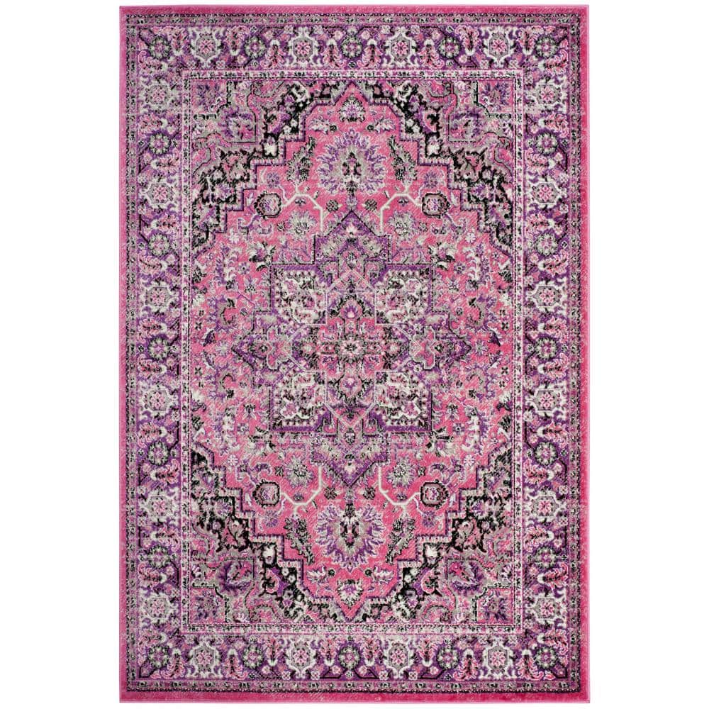 Ivory and Pink Floral Hand-Knotted Round Synthetic Rug