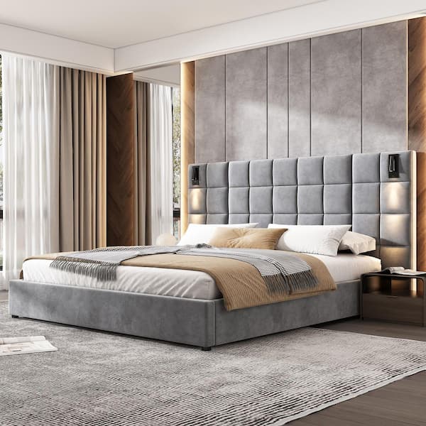 Gray Wood Frame King Size Velvet Upholstered Platform Bed with Wide headboard, Reading Lamps and USB port