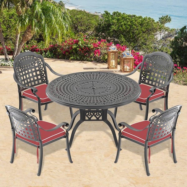 Willit Isabella Black 5-Piece Cast Aluminum Outdoor Dining Set with 47.24 in. Round Table and Random Color Seat Cushions
